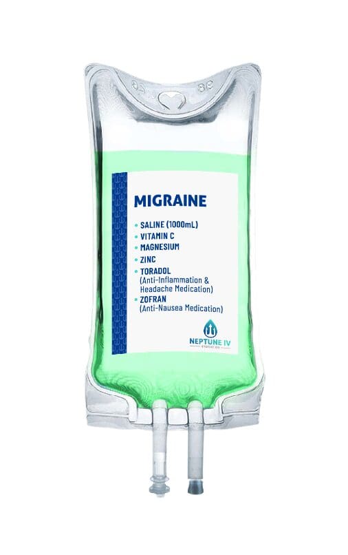 An iv treatment bag labeled "migraine" with a list of ingredients including saline, vitamins, and medications for pain and nausea, suggesting it is a treatment mixture for migraine relief.