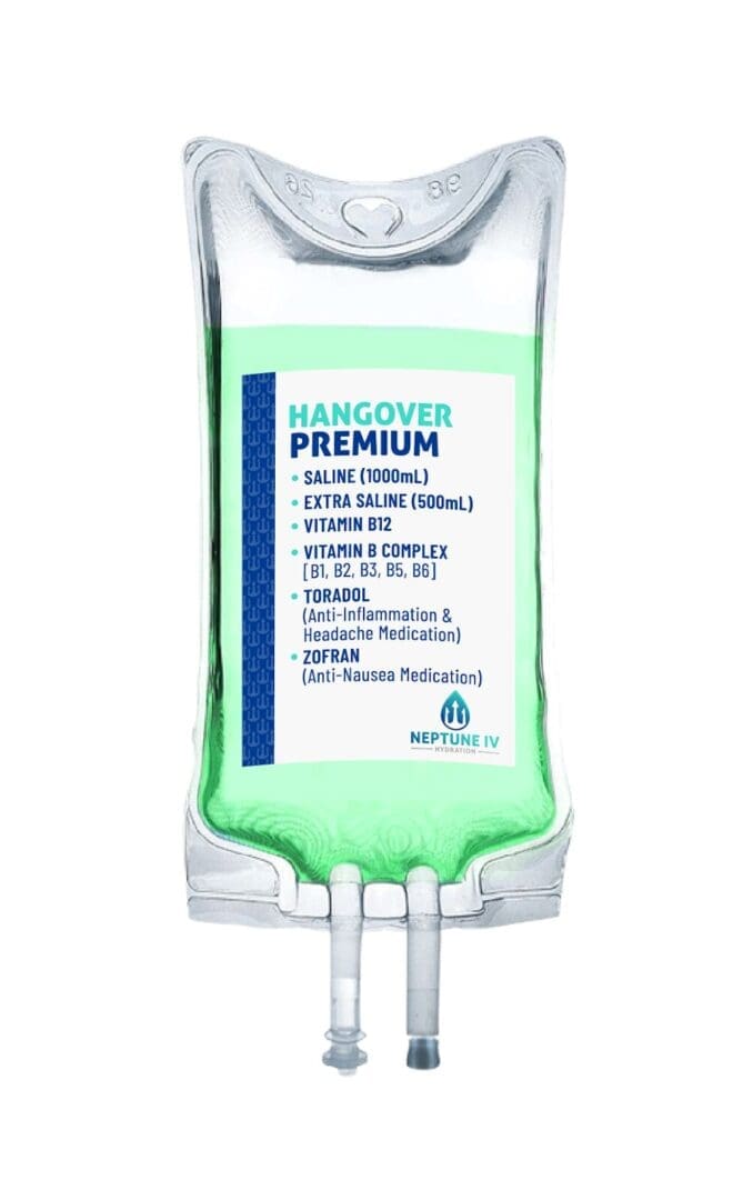 An iv hydration bag labeled as "hangover premium" purporting to contain a mix of saline, vitamins, and medications touted to alleviate hangover symptoms.