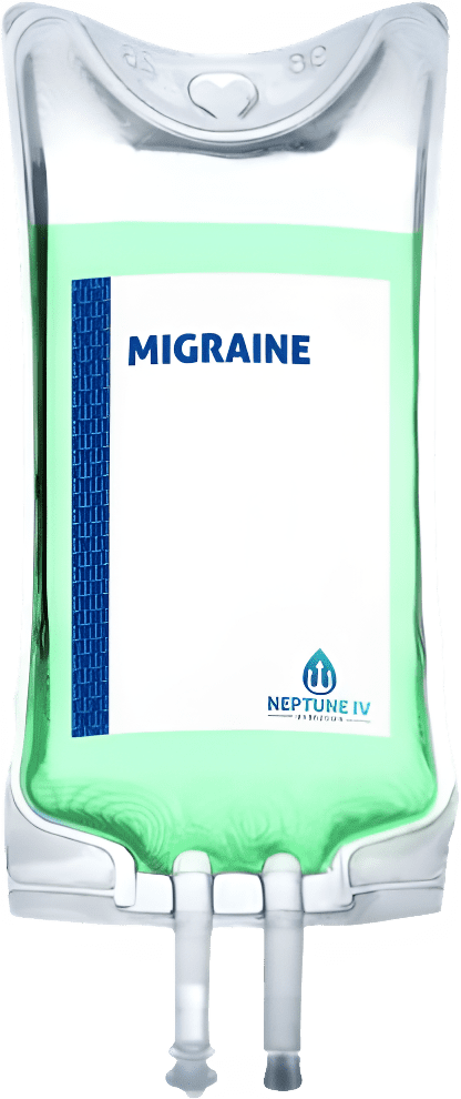 A bottle of migraine medicine is shown.