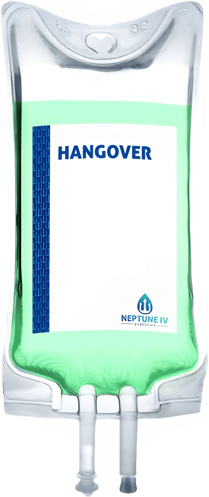 A bottle of alcohol with the word hangover written on it.