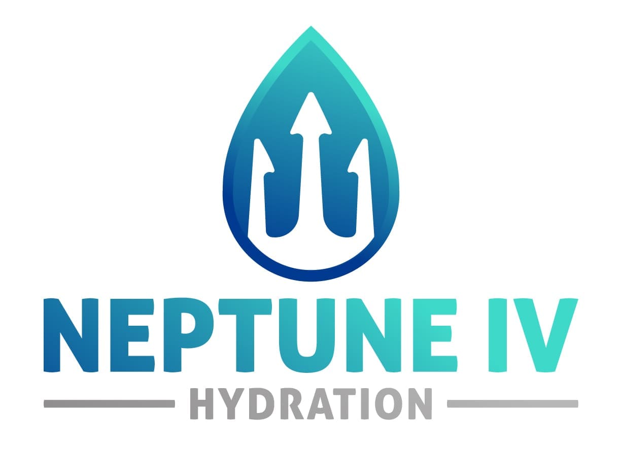 “neptune iv hydration” - a logo featuring a stylized water droplet with arrows pointing upwards, symbolizing refreshment or hydration.