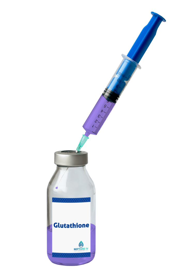 A syringe with a blue plunger drawing a green liquid from a vial labeled "glutathione" by neptune iv, isolated on a white background.