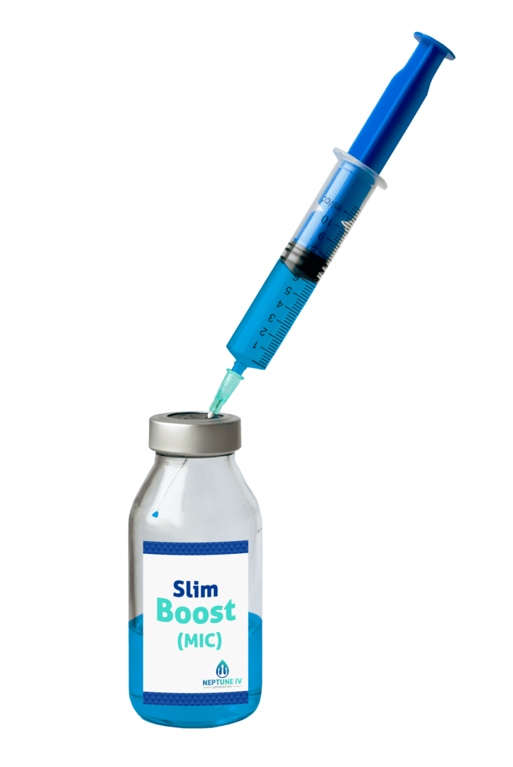 A syringe, drawn up with a green liquid, hovers over an open vial labeled "slim boost (mic)" against a white background.