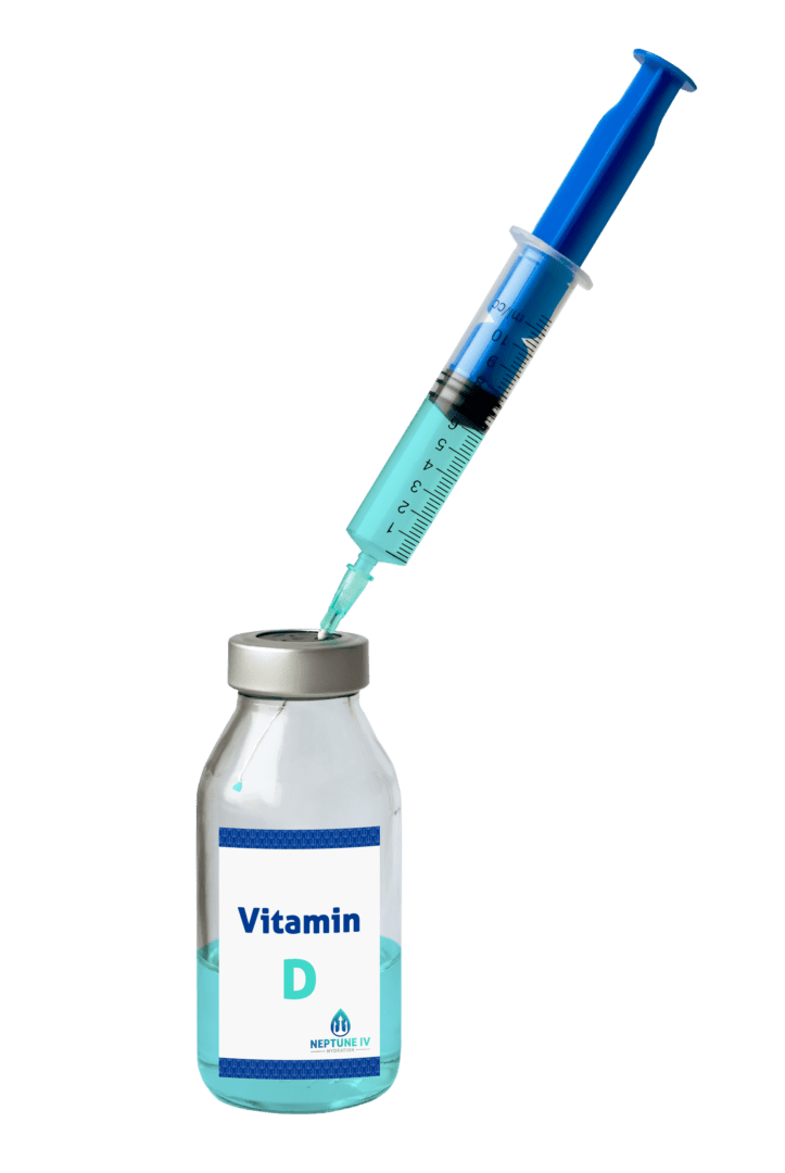 A syringe draws a green liquid from a small labeled bottle reading "vitamin d" on a white background.