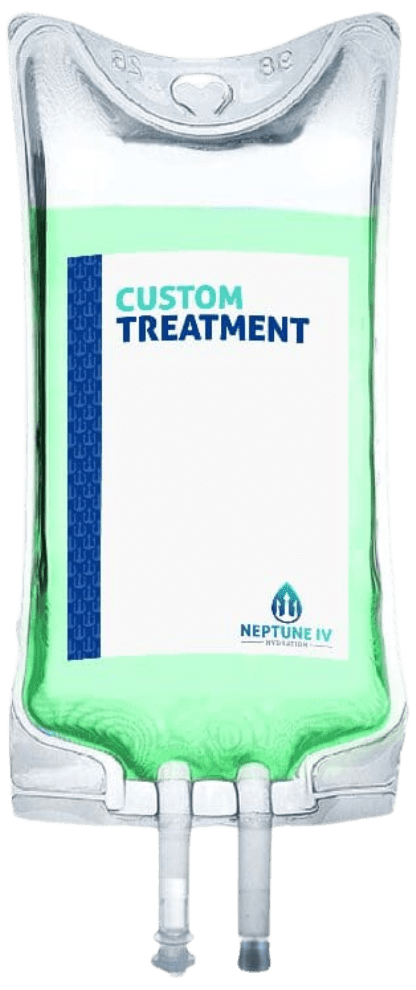 An illustrated concept of a personalized iv hydration bag labeled "custom treatment" by "Neptune IV," suggesting a futuristic or tailored medical solution with an emphasis on vitamins.